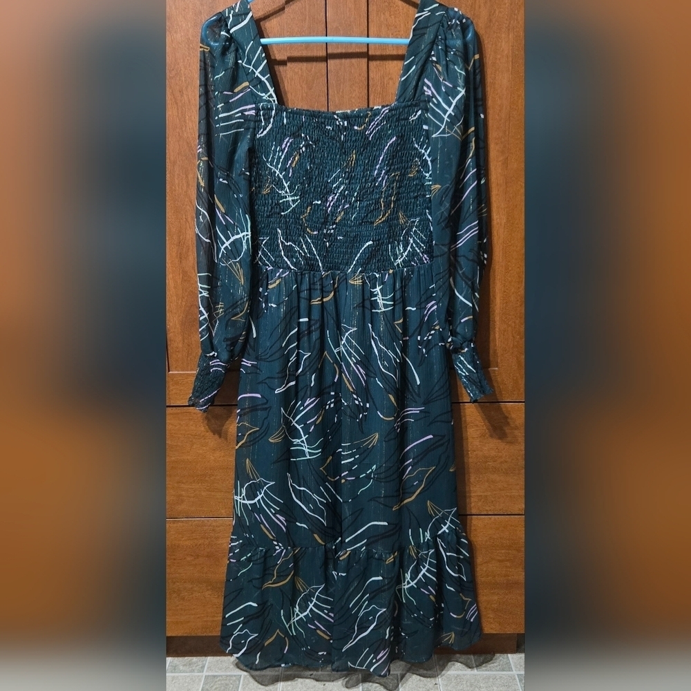 Nine West Teal Patterned Long Sleeve Dress